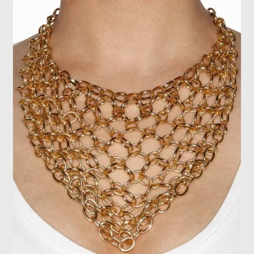 Gold Woven Bib Necklace Statement Collar - Picture 3 of 4